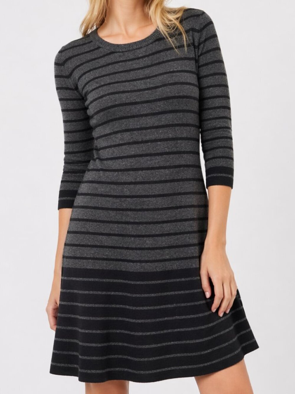 AB Studio Striped Sweater Dress Black Gray Small